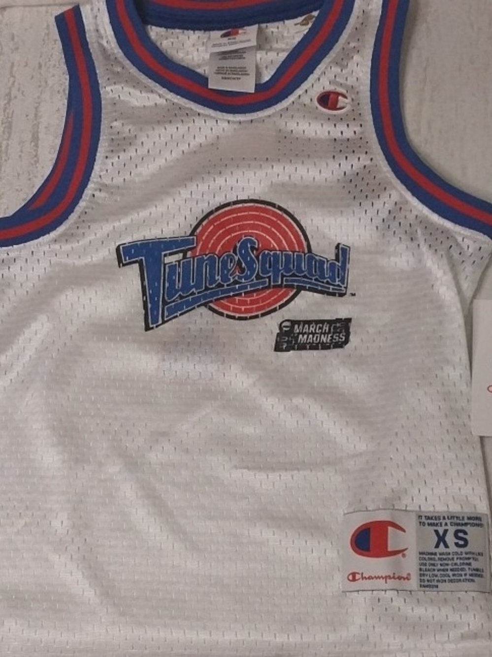 Champion Kids White Tune Squad Basketball Jersey with Blue & Red Trim XS